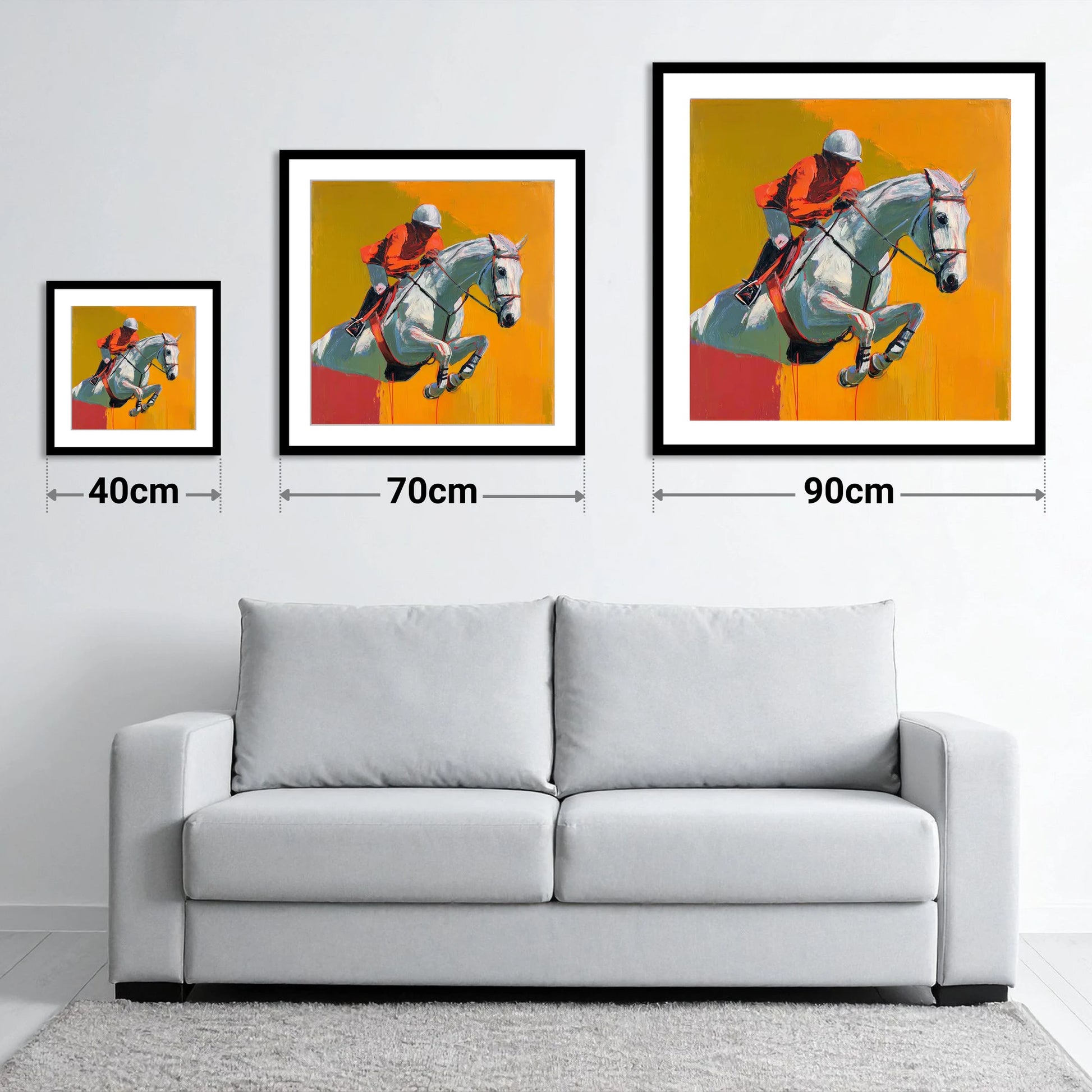 Airborne Over Gold - size guide showing 40cm, 70cm and 90cm art prints
