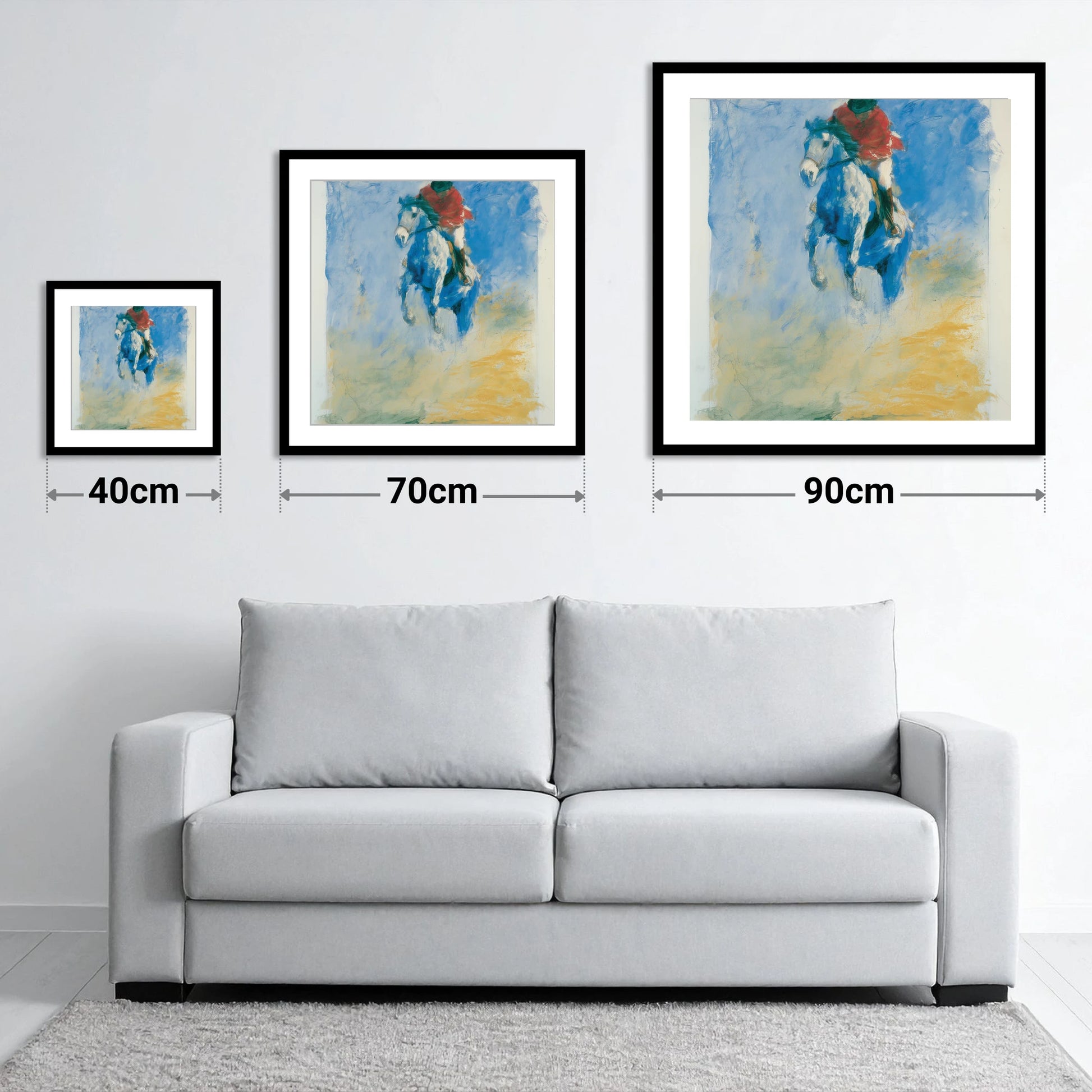 Cerulean Flight - size guide showing 40cm, 70cm and 90cm art prints