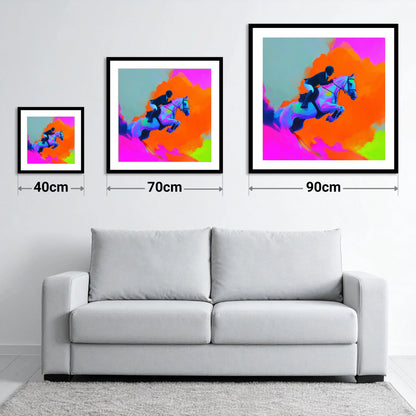 Vivid Showjumping Flight - size guide showing 40cm, 70cm and 90cm art prints