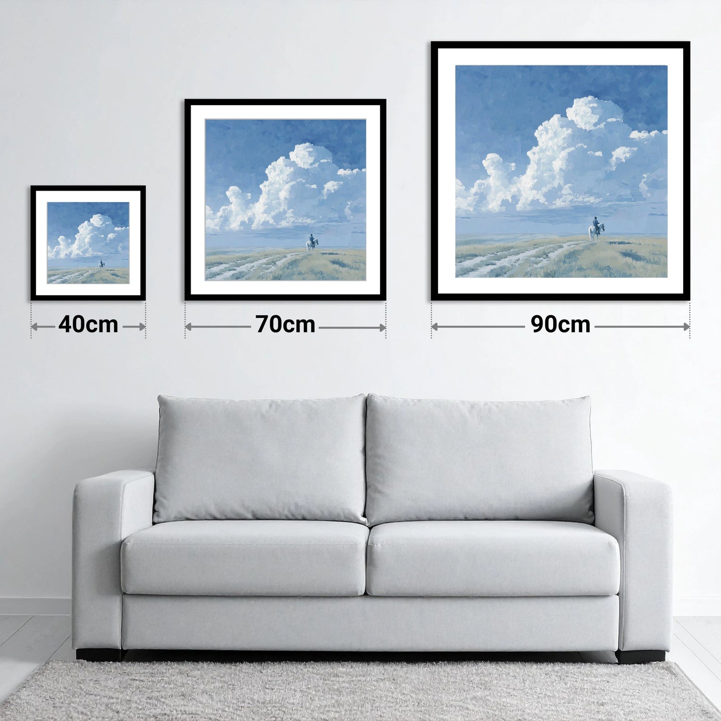 Vast Blue Horizon - size guide showing 40cm, 70cm and 90cm art prints