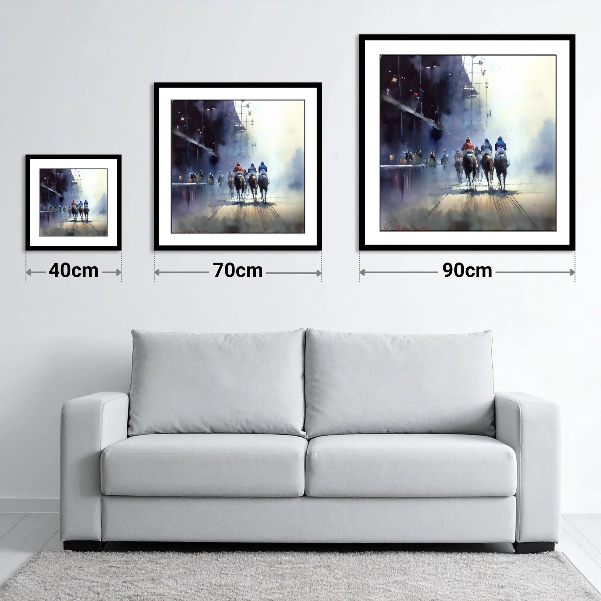 Towards the Post - size guide showing 40cm, 70cm and 90cm art prints