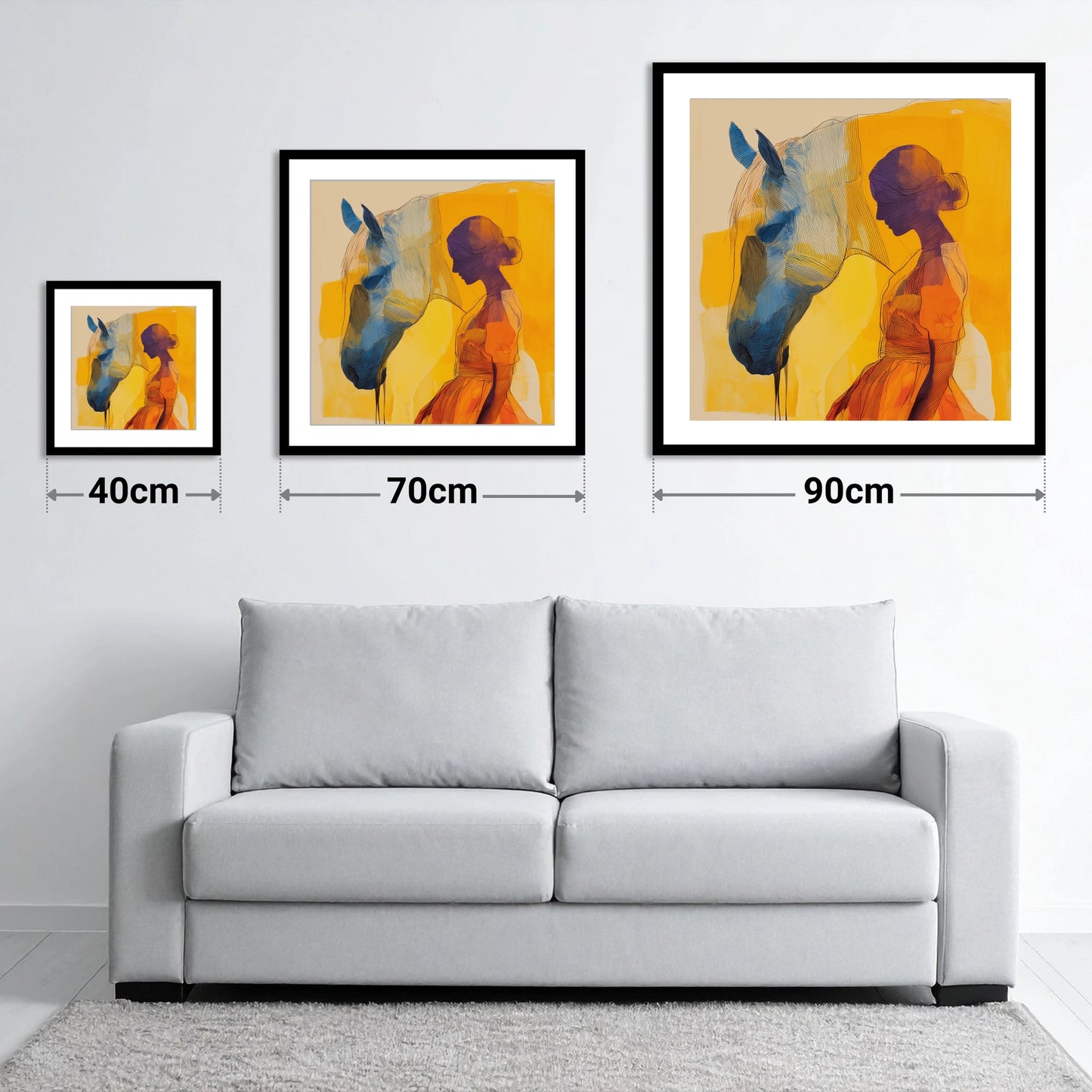 Amber Reverie - size guide showing 40cm, 70cm and 90cm art prints