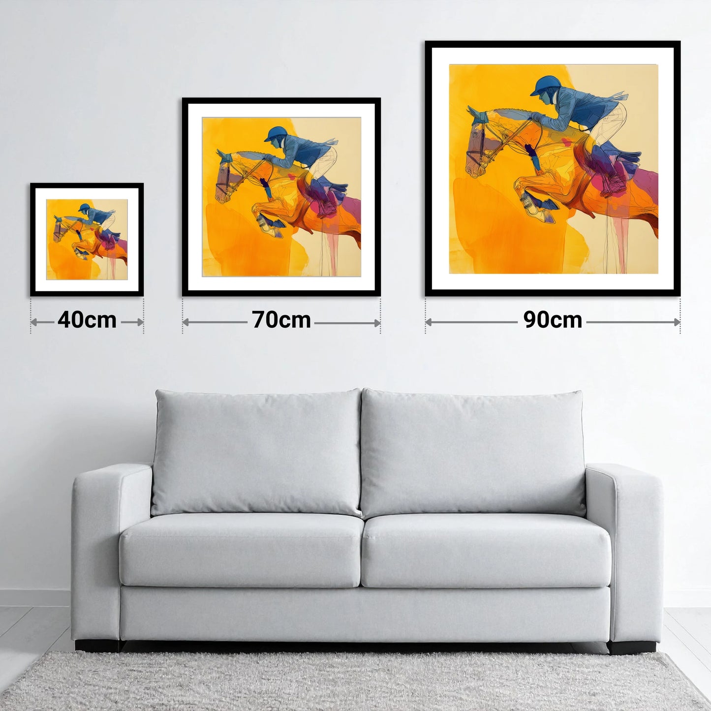 Vivid Golden Ascent - size guide showing 40cm, 70cm and 90cm art prints