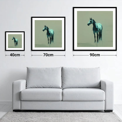 The Teal Appaloosa - size guide showing 40cm, 70cm and 90cm art prints