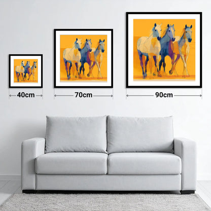Vivid Strides in Gold - size guide showing 40cm, 70cm and 90cm art prints
