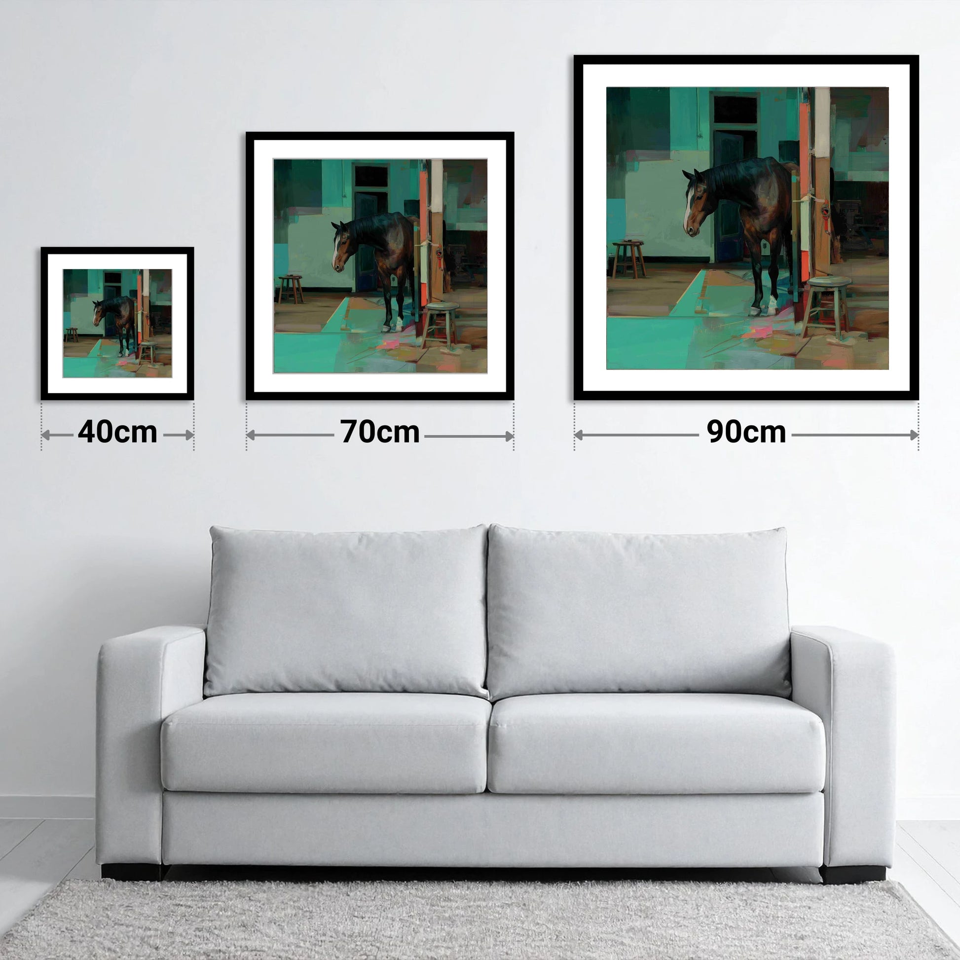 Quiet Yard in Teal - size guide showing 40cm, 70cm and 90cm art prints