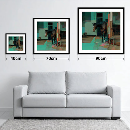 Quiet Yard in Teal - size guide showing 40cm, 70cm and 90cm art prints