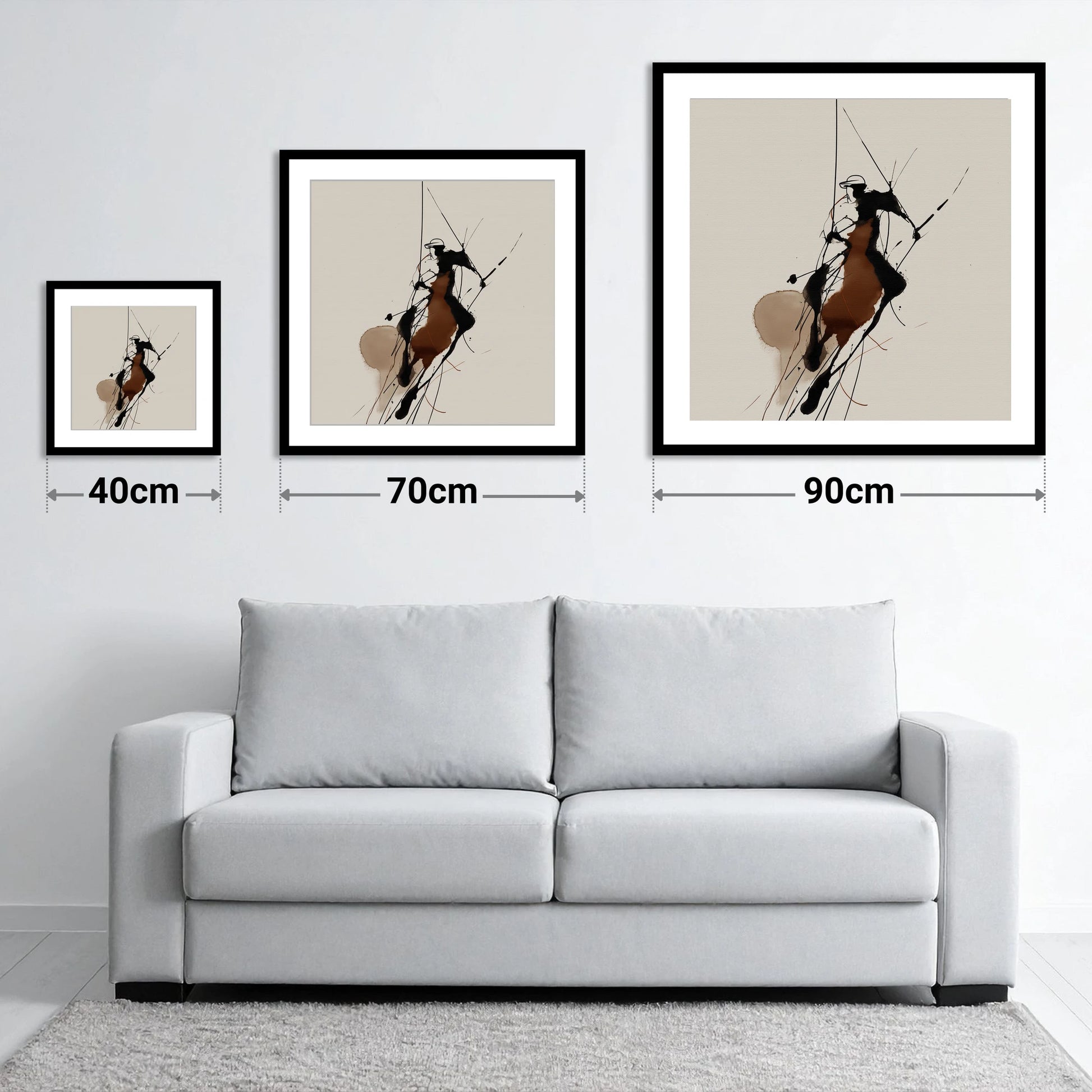 Dynamic Polo Strike - size guide showing 40cm, 70cm and 90cm art prints
