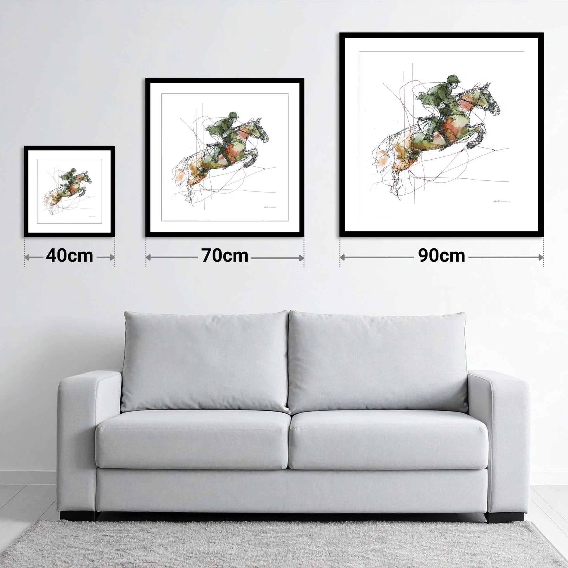 Dynamic Bascule - size guide showing 40cm, 70cm and 90cm art prints