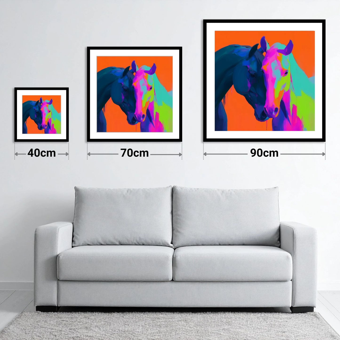 Vibrant Equine Embrace - size guide showing 40cm, 70cm and 90cm art prints