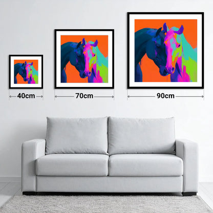 Vibrant Equine Embrace - size guide showing 40cm, 70cm and 90cm art prints