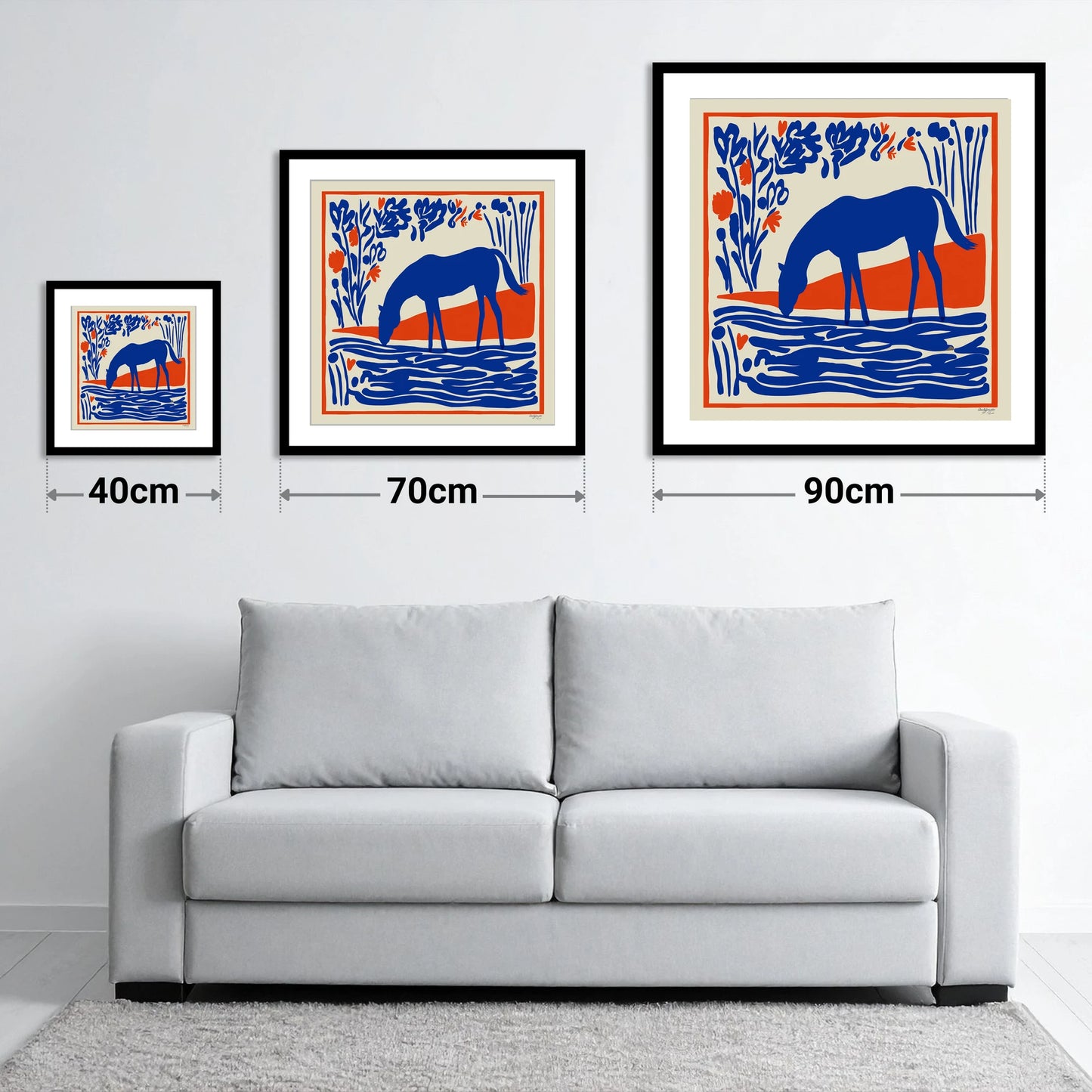 Cobalt Equine Oasis - size guide showing 40cm, 70cm and 90cm art prints
