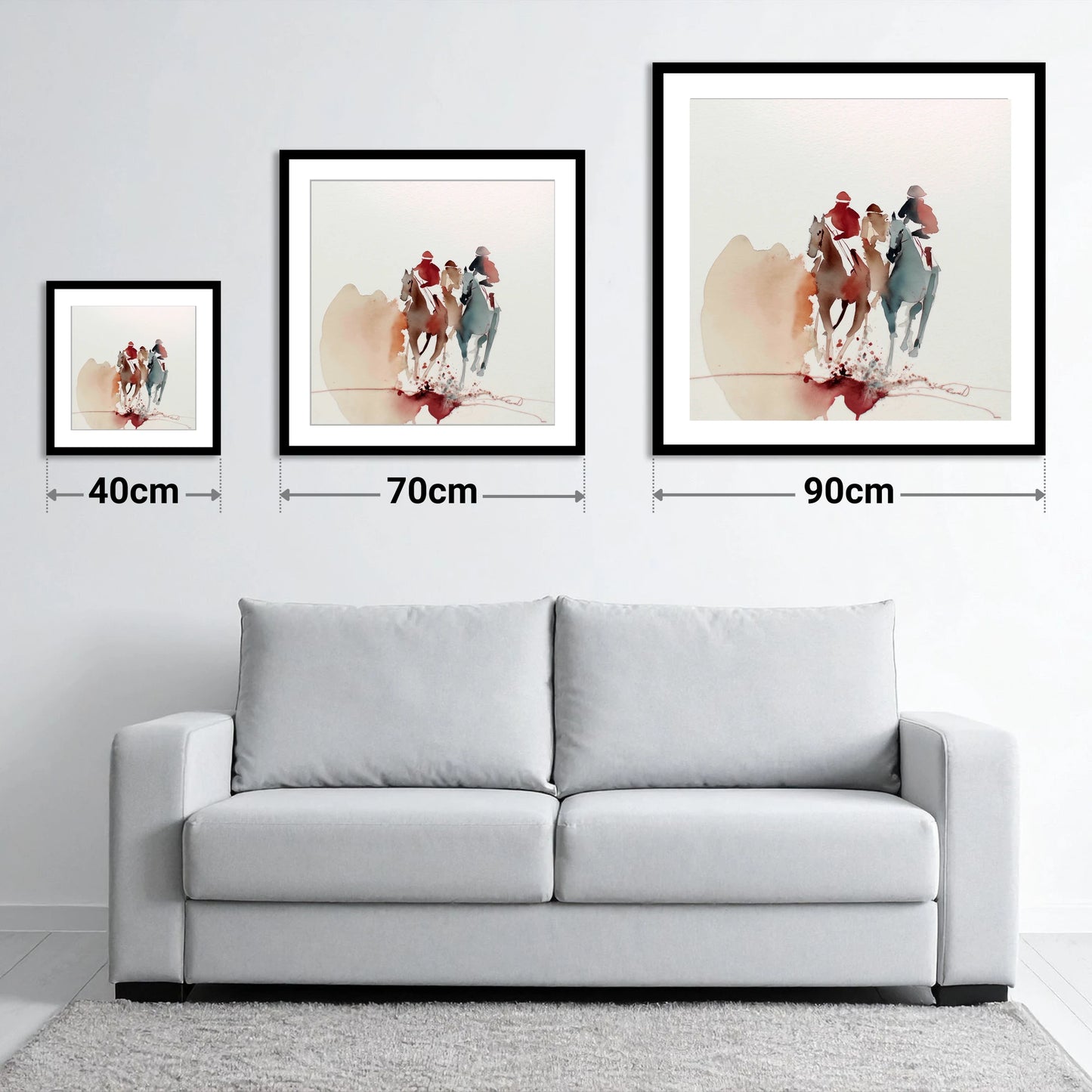 The Final Stretch - size guide showing 40cm, 70cm and 90cm art prints