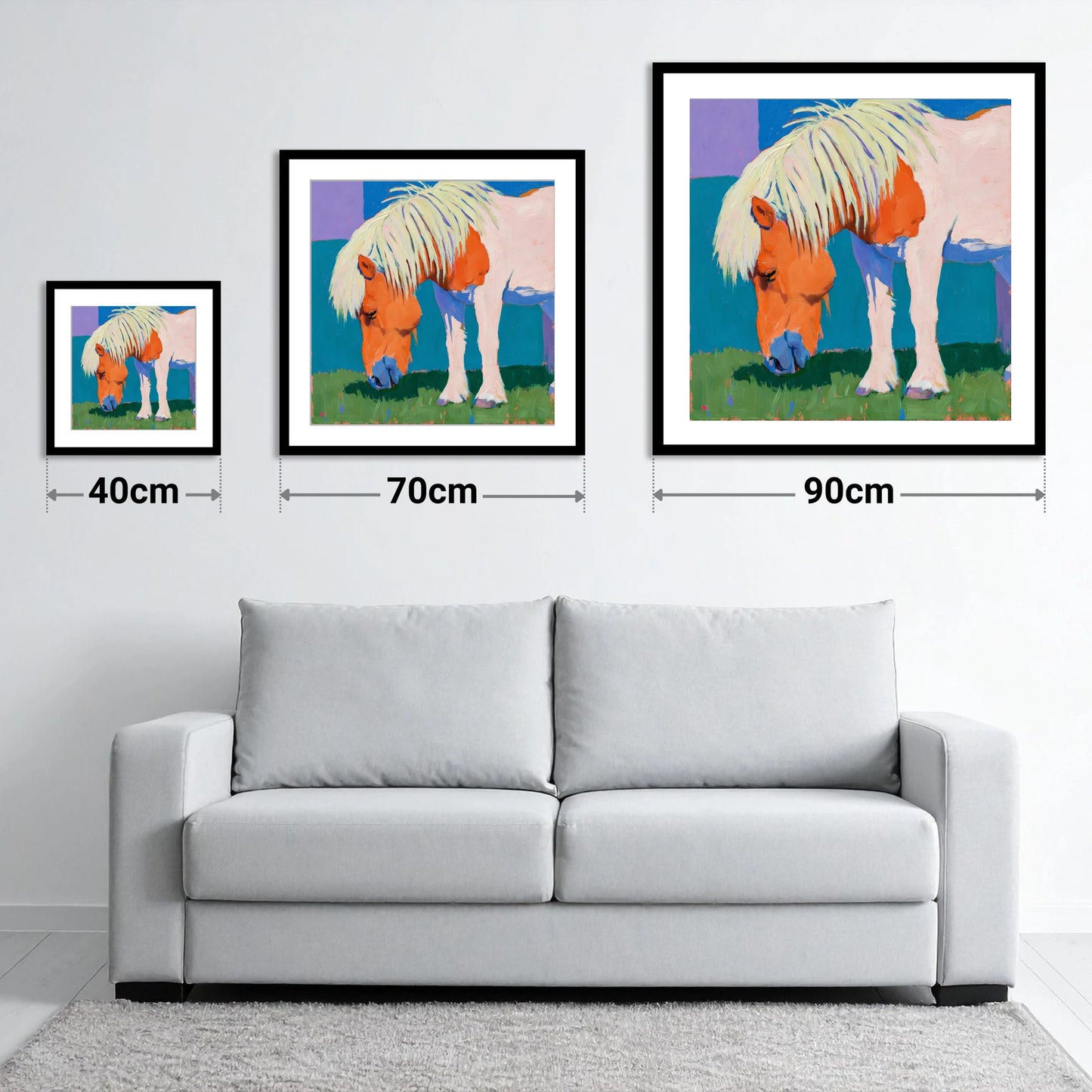 Vibrant Grazing Shetland Pony - size guide showing 40cm, 70cm and 90cm art prints