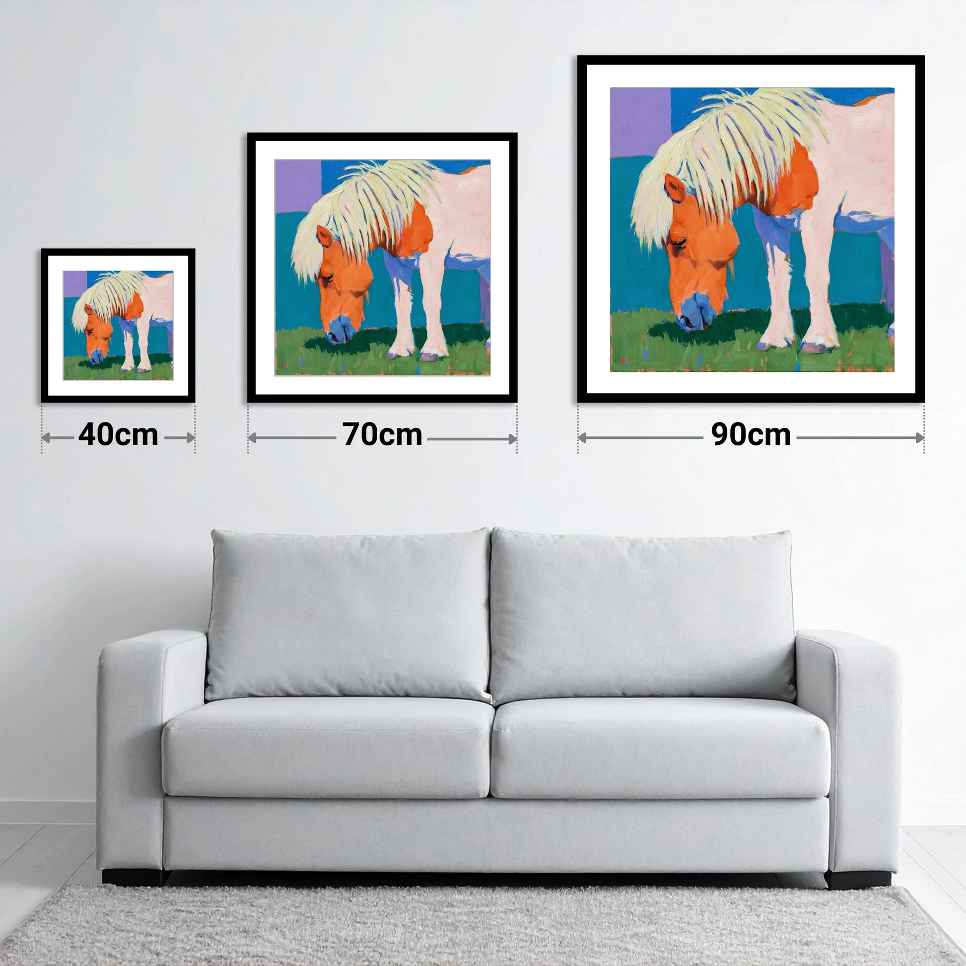 Vibrant Grazing Shetland Pony - size guide showing 40cm, 70cm and 90cm art prints