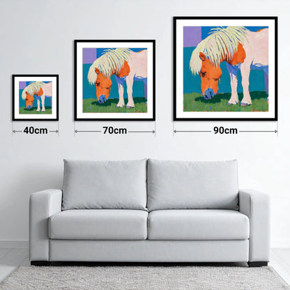 Vibrant Grazing Shetland Pony - size guide showing 40cm, 70cm and 90cm art prints