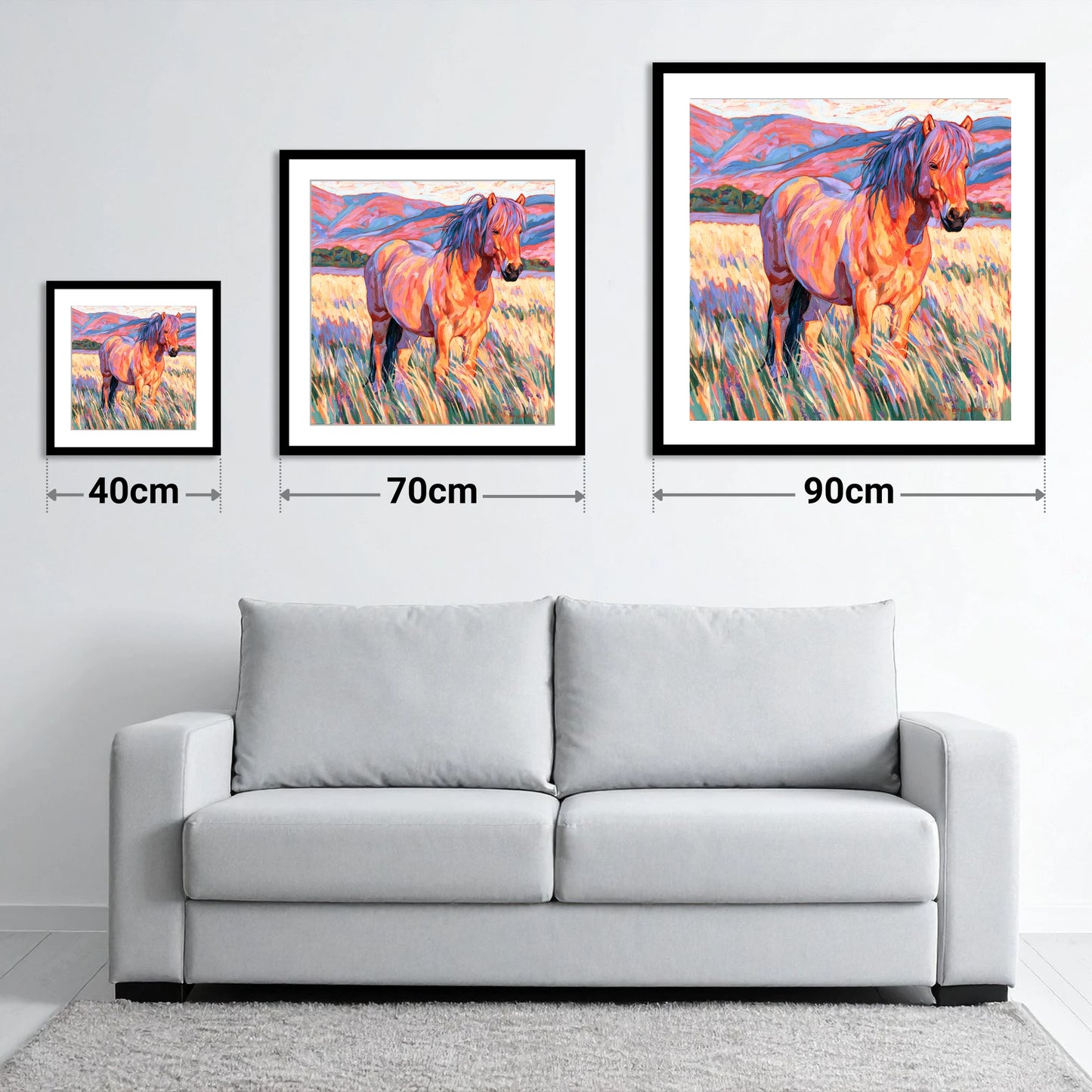 Colourful Horse in Golden Grass - size guide showing 40cm, 70cm and 90cm art prints