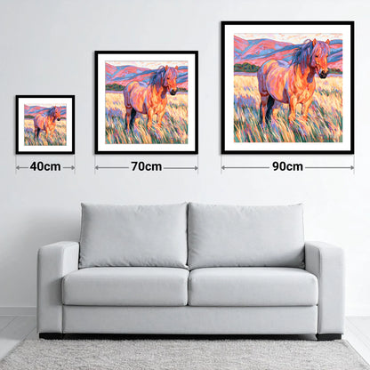 Colourful Horse in Golden Grass - size guide showing 40cm, 70cm and 90cm art prints