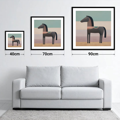 Stylised Charcoal Equine - size guide showing 40cm, 70cm and 90cm art prints