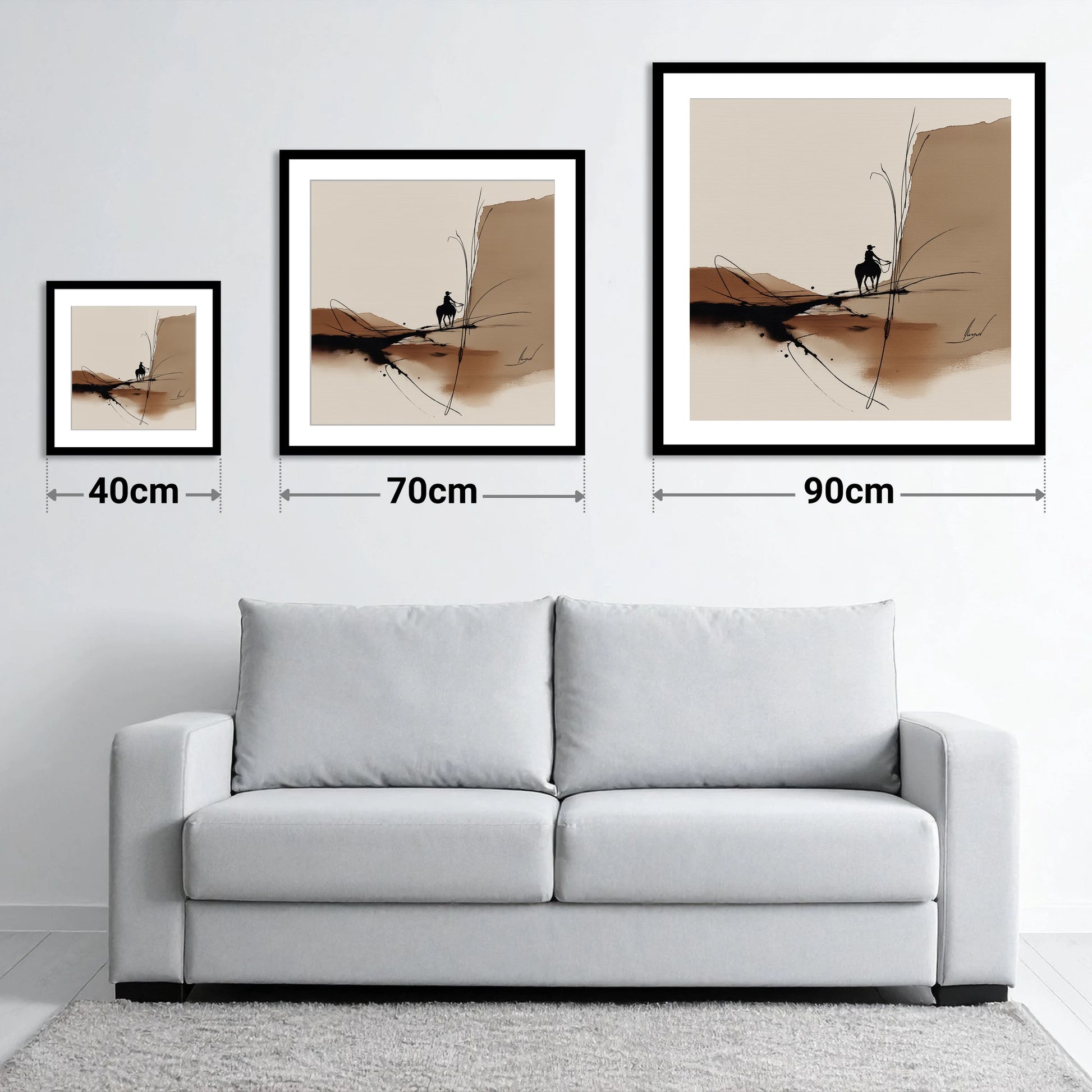 Sepia Horizons - size guide showing 40cm, 70cm and 90cm art prints
