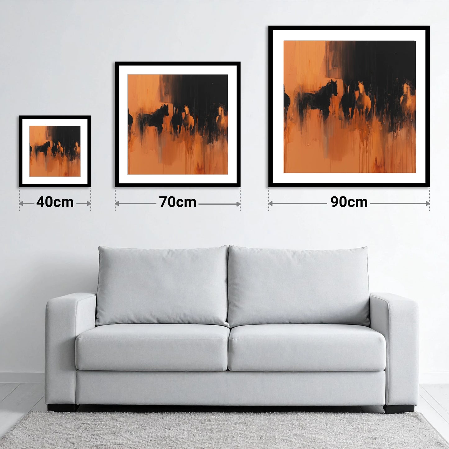 Ember and Shadow - size guide showing 40cm, 70cm and 90cm art prints