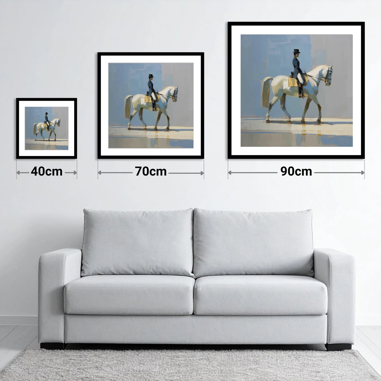 Collected Grace in Blue - size guide showing 40cm, 70cm and 90cm art prints