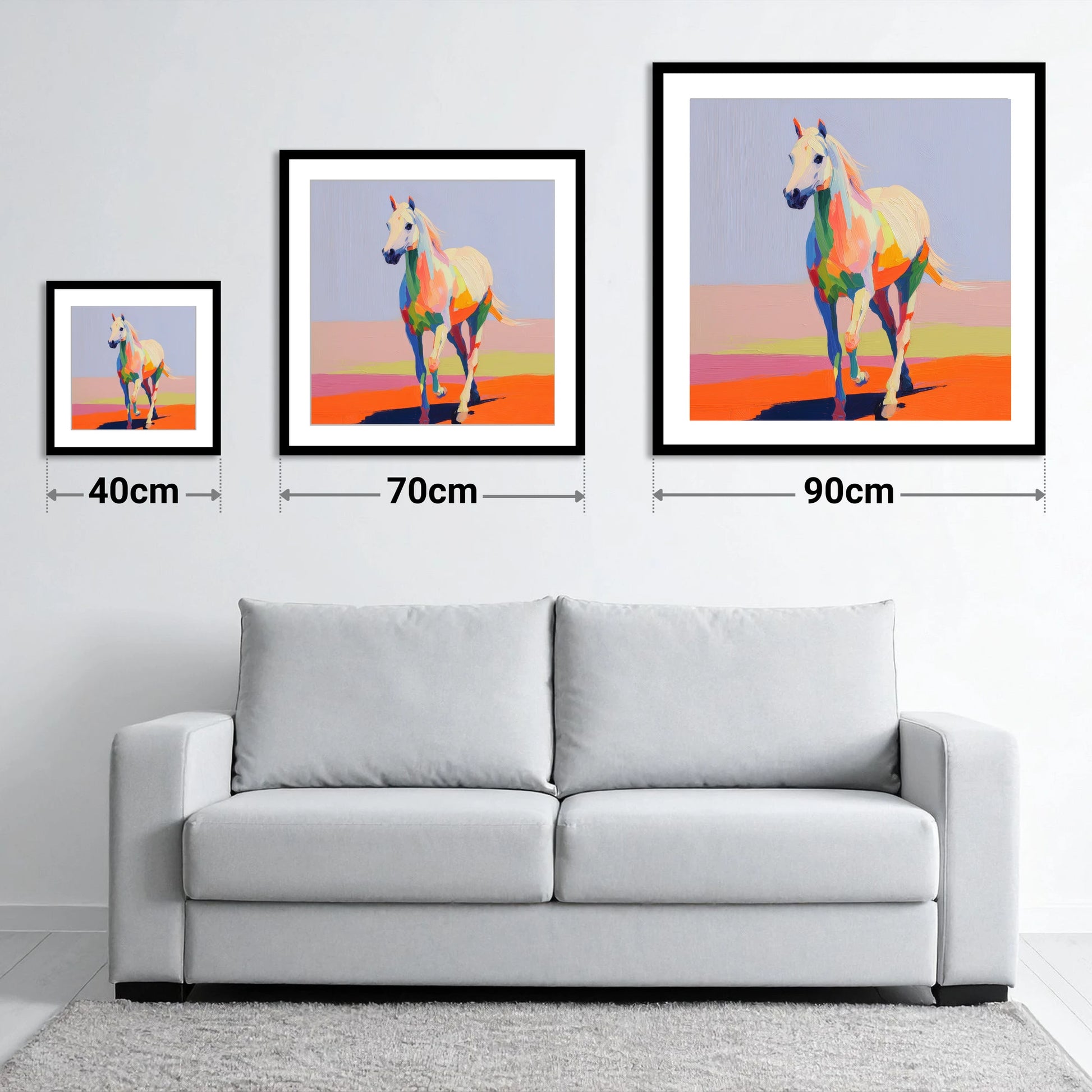 Prismatic Strides - size guide showing 40cm, 70cm and 90cm art prints