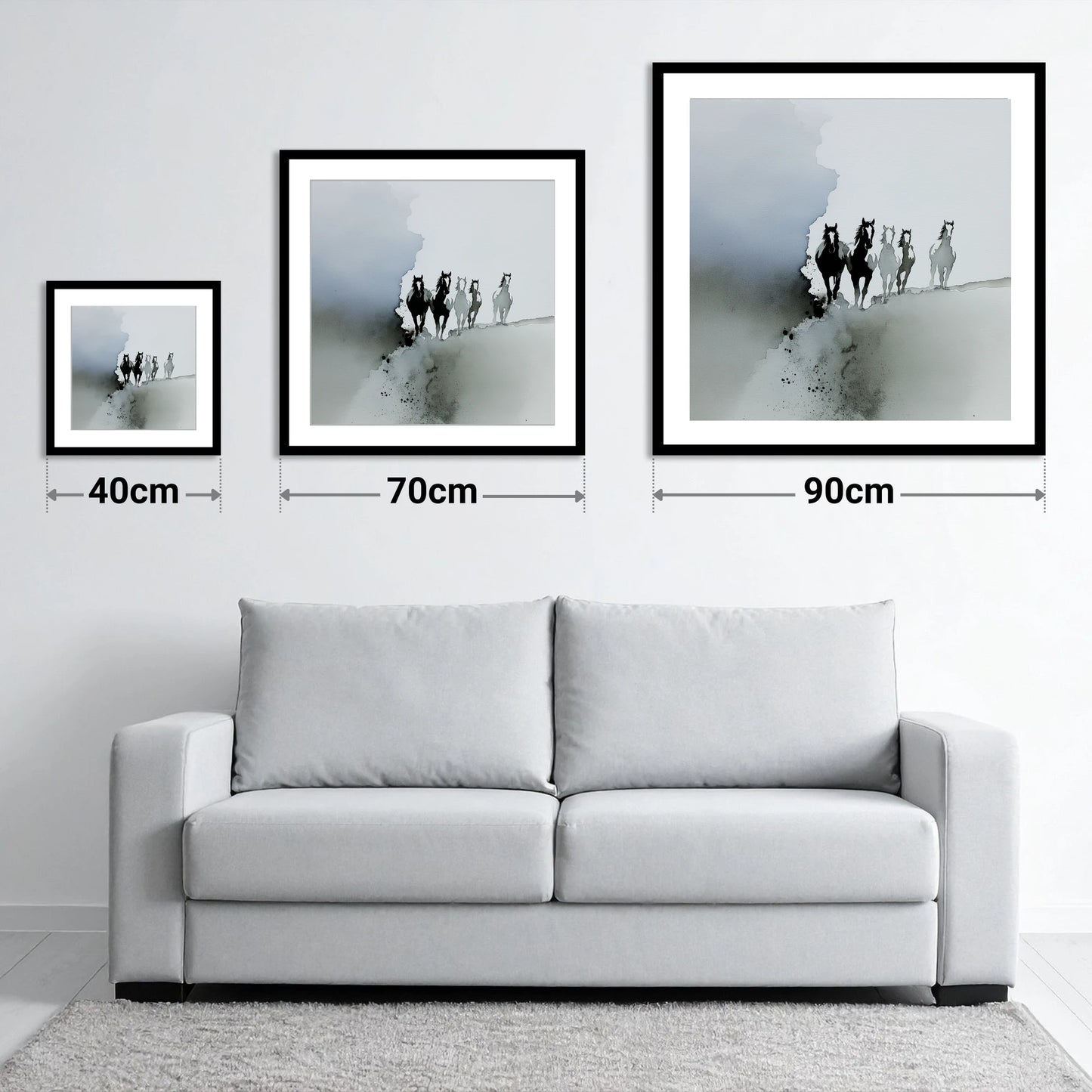 Emerging From the Mist - size guide showing 40cm, 70cm and 90cm art prints