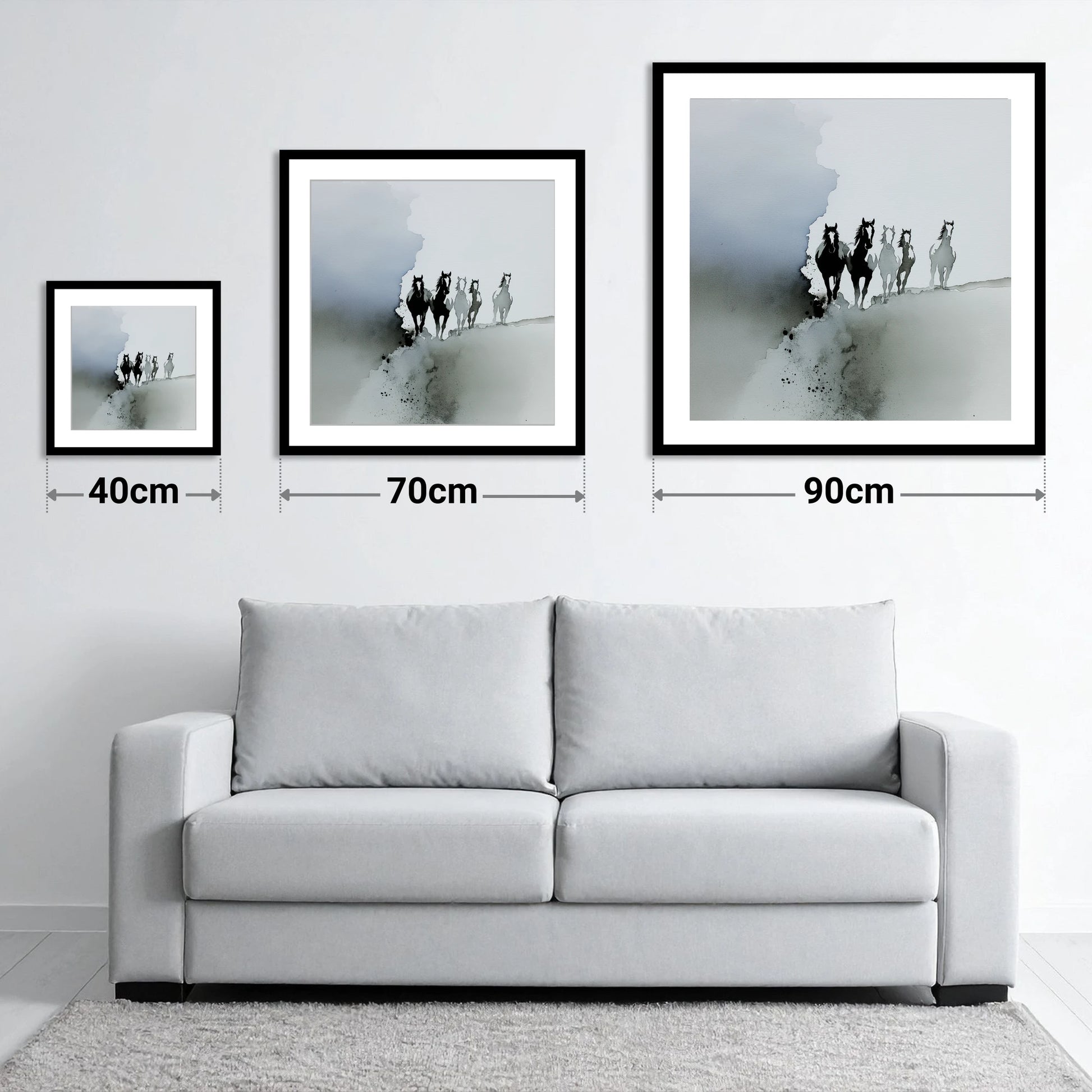 Emerging From the Mist - size guide showing 40cm, 70cm and 90cm art prints