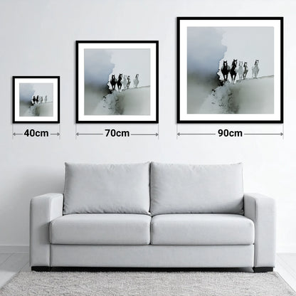 Emerging From the Mist - size guide showing 40cm, 70cm and 90cm art prints