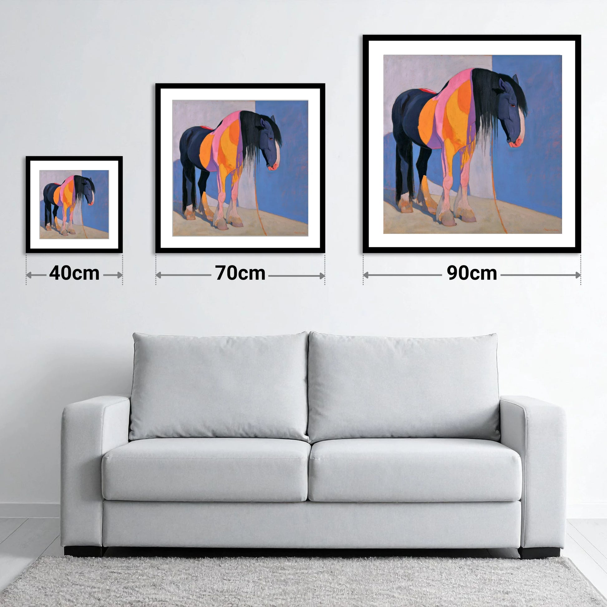 Vibrant Abstract Heavy Horse - size guide showing 40cm, 70cm and 90cm art prints