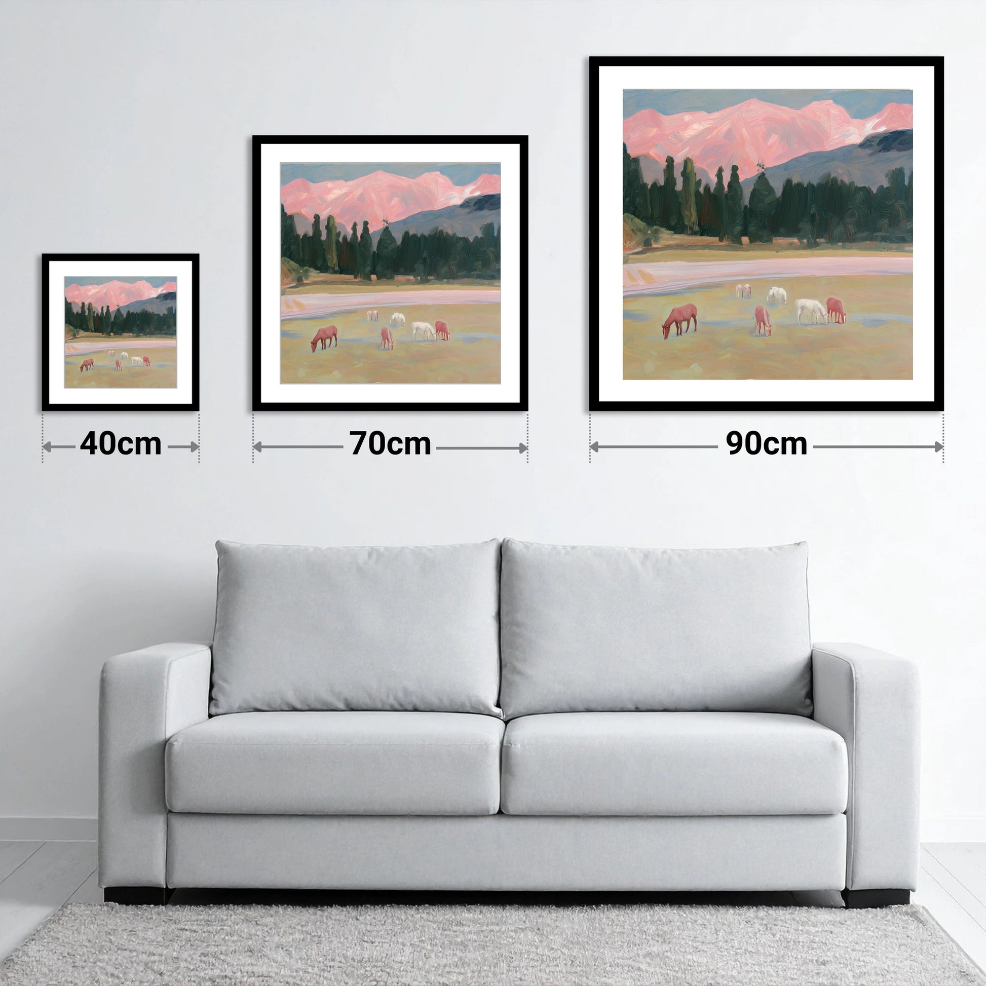 Alpenglow Pastures - size guide showing 40cm, 70cm and 90cm art prints
