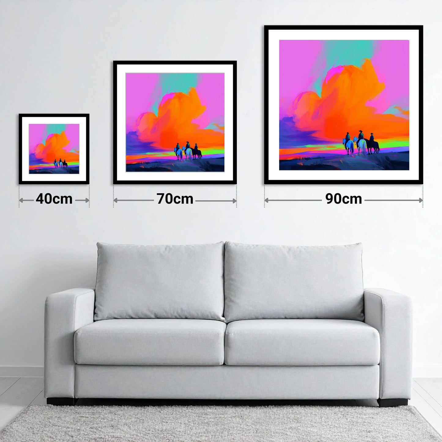 Electric Frontier Skies - size guide showing 40cm, 70cm and 90cm art prints
