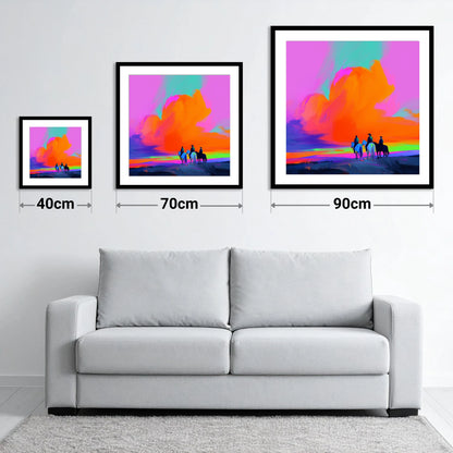 Electric Frontier Skies - size guide showing 40cm, 70cm and 90cm art prints