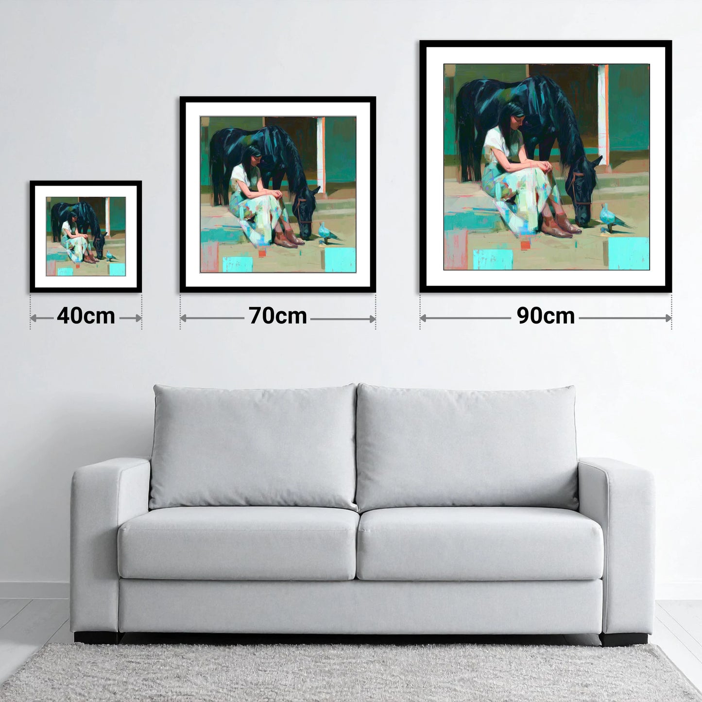 Stillness in the Yard - size guide showing 40cm, 70cm and 90cm art prints