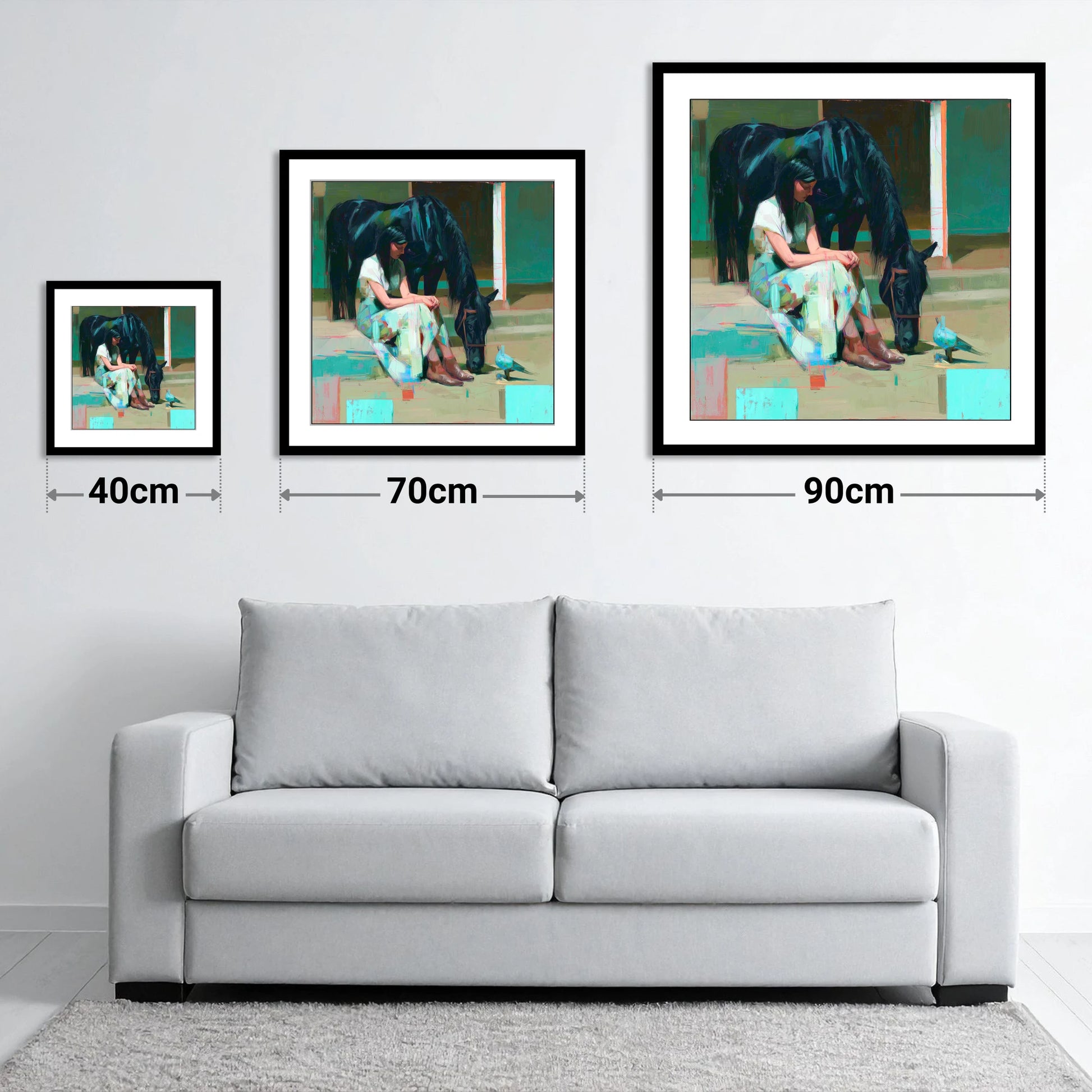 Stillness in the Yard - size guide showing 40cm, 70cm and 90cm art prints