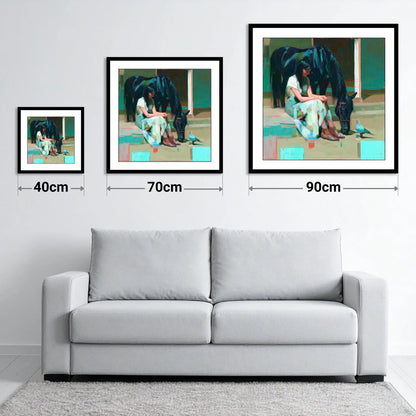 Stillness in the Yard - size guide showing 40cm, 70cm and 90cm art prints