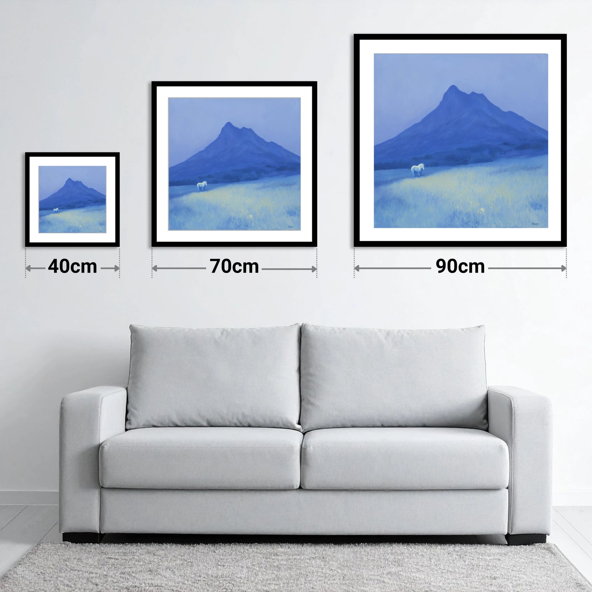 Azure Mountain Solitude - size guide showing 40cm, 70cm and 90cm art prints