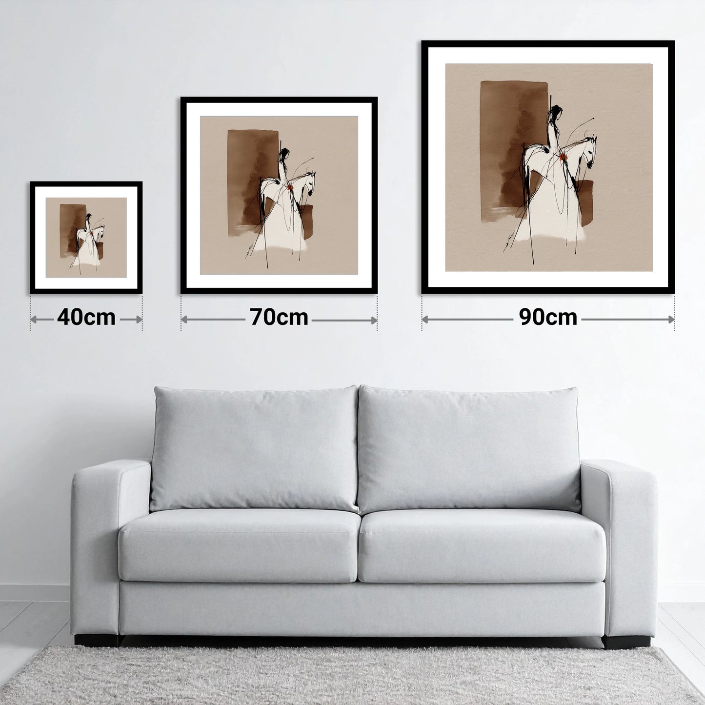 Sepia Rider Silhouette - size guide showing 40cm, 70cm and 90cm art prints
