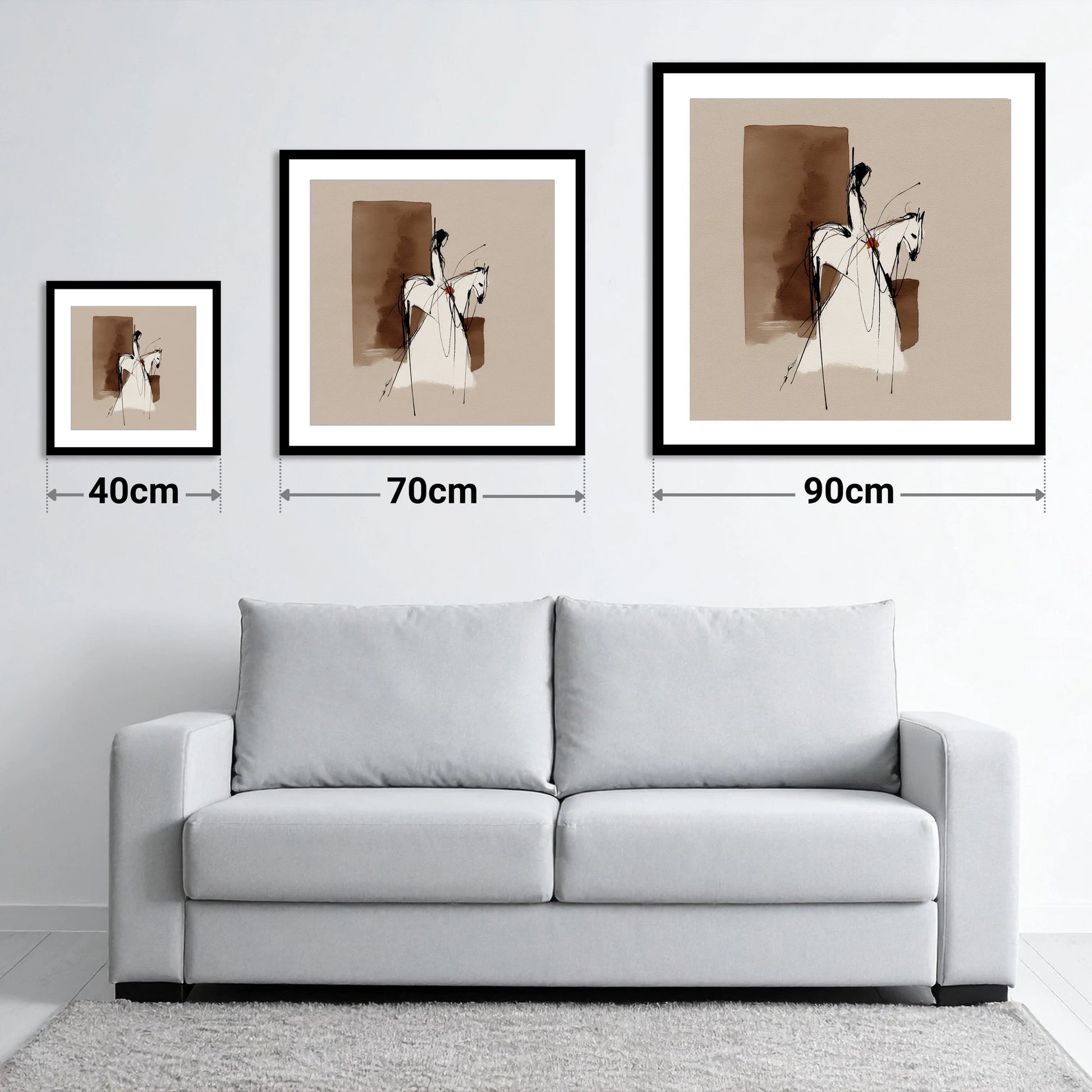 Sepia Rider Silhouette - size guide showing 40cm, 70cm and 90cm art prints