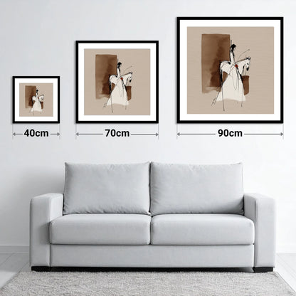 Sepia Rider Silhouette - size guide showing 40cm, 70cm and 90cm art prints