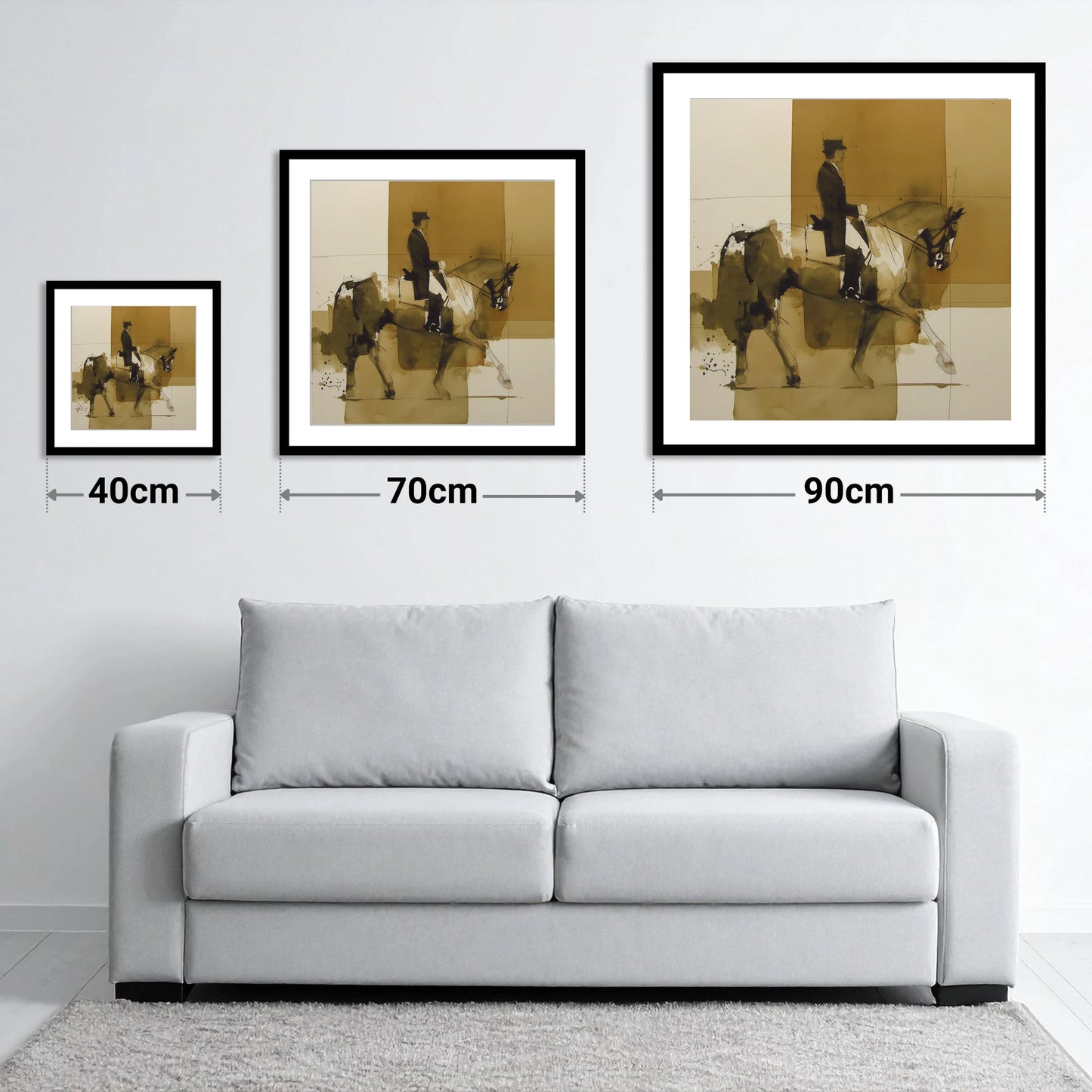 Mastery in Motion - size guide showing 40cm, 70cm and 90cm art prints