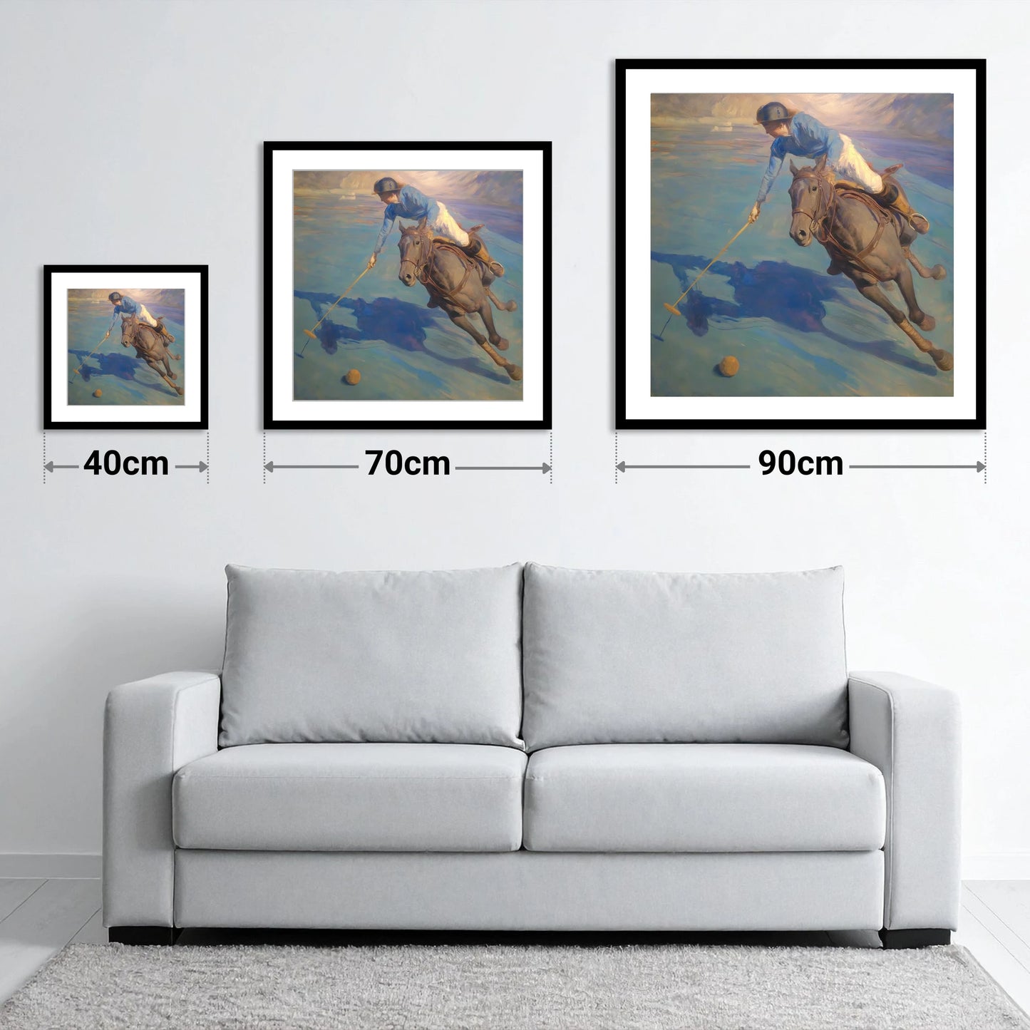 The Final Chukka - size guide showing 40cm, 70cm and 90cm art prints