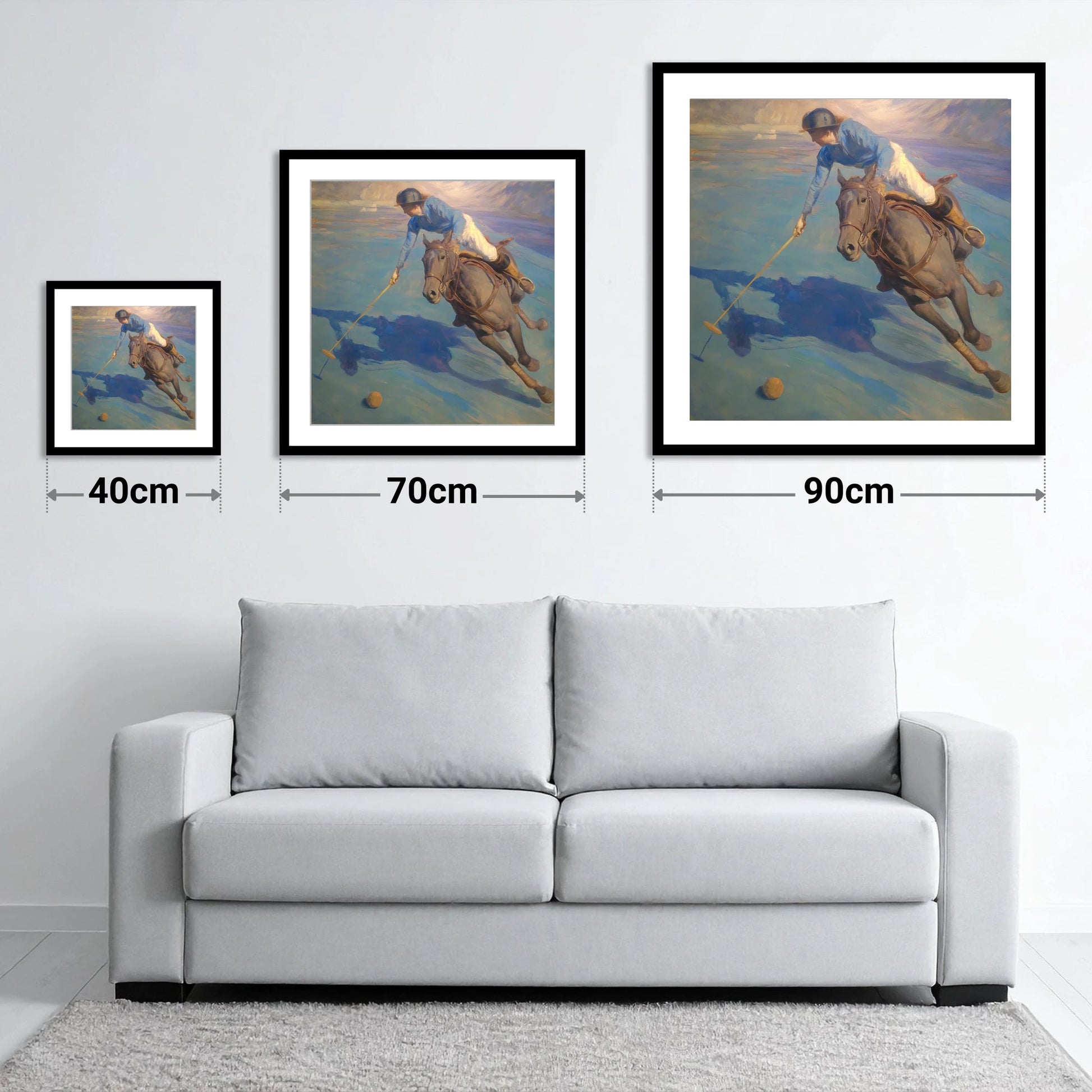 The Final Chukka - size guide showing 40cm, 70cm and 90cm art prints