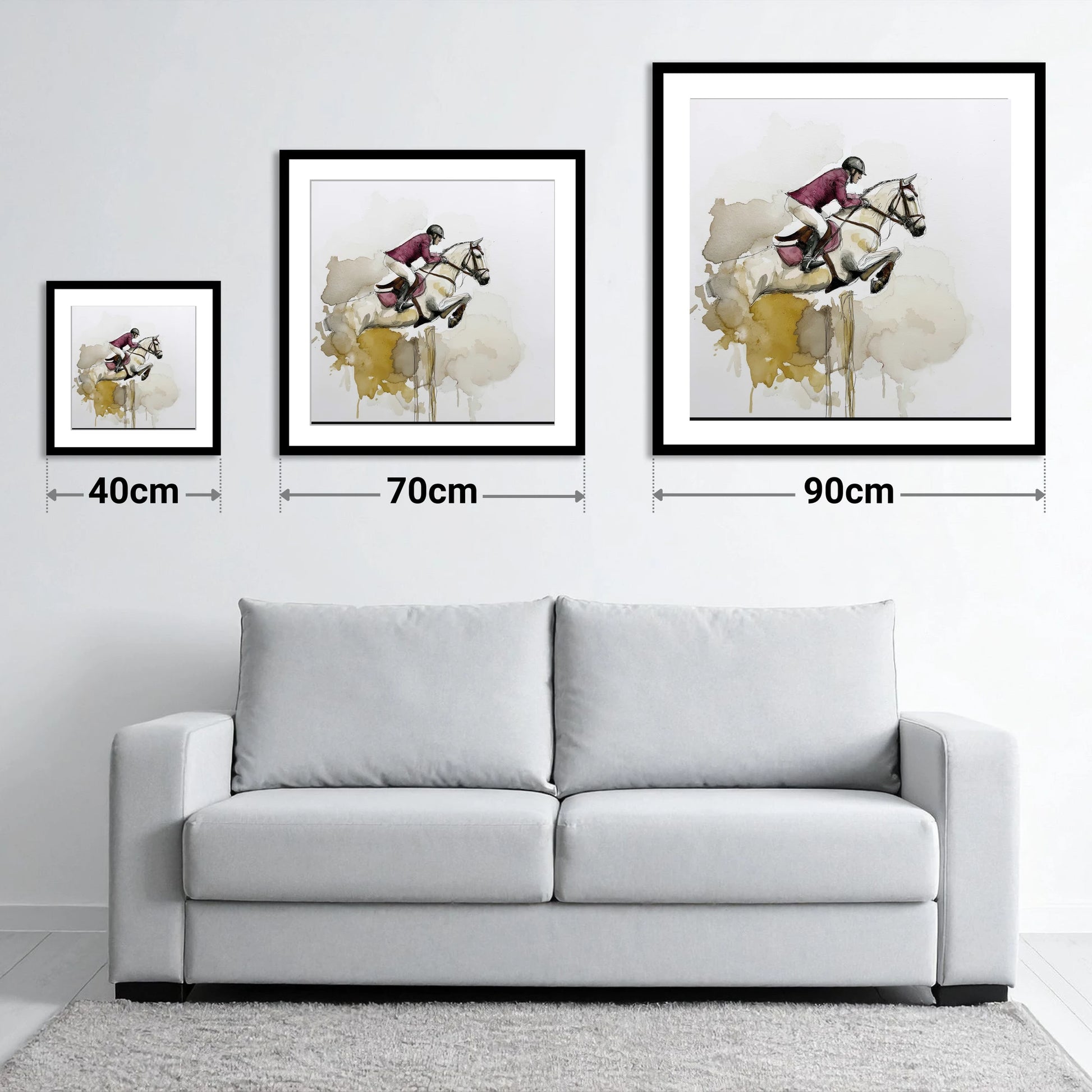 Suspended Elegance - size guide showing 40cm, 70cm and 90cm art prints