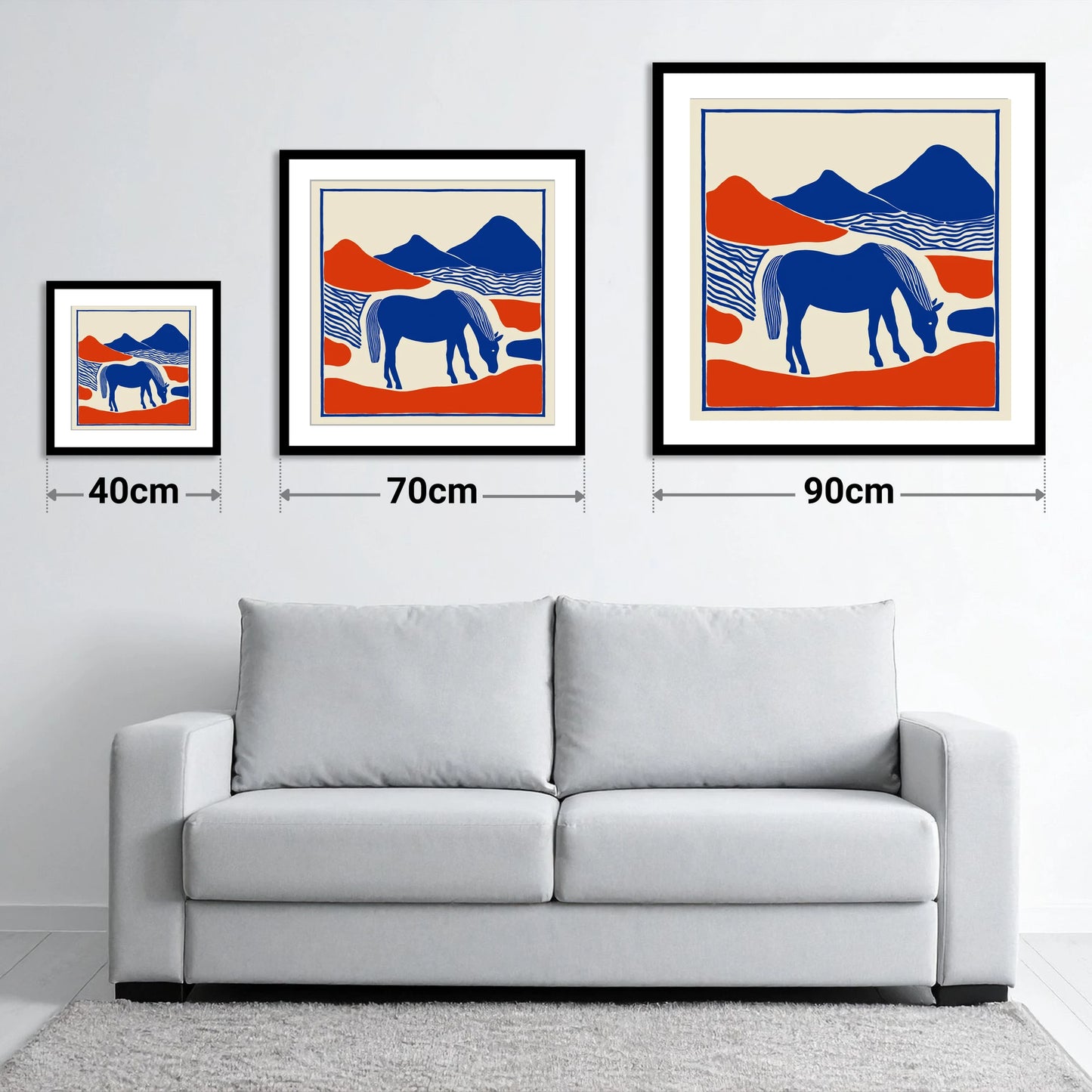Cobalt Pastures - size guide showing 40cm, 70cm and 90cm art prints