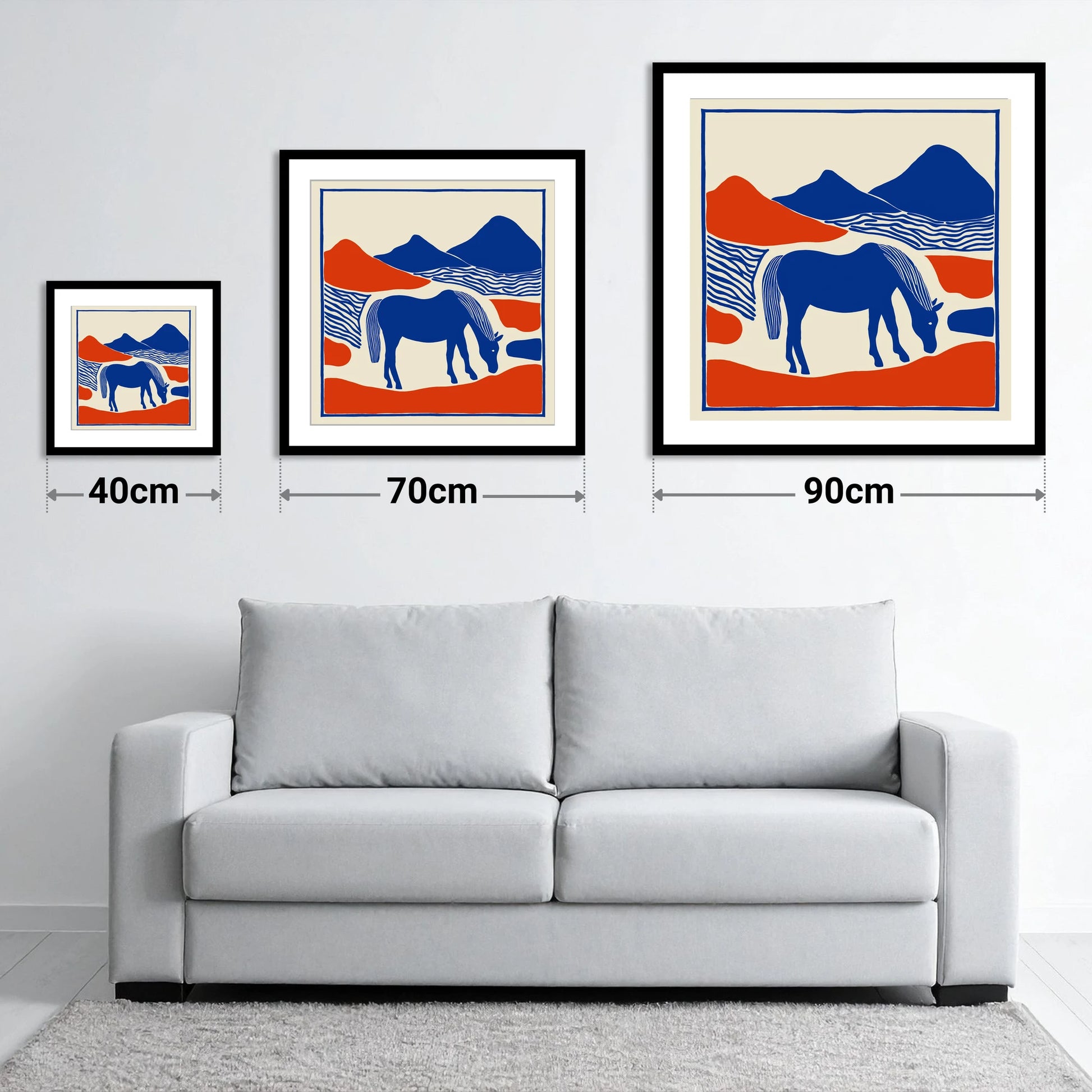 Cobalt Pastures - size guide showing 40cm, 70cm and 90cm art prints