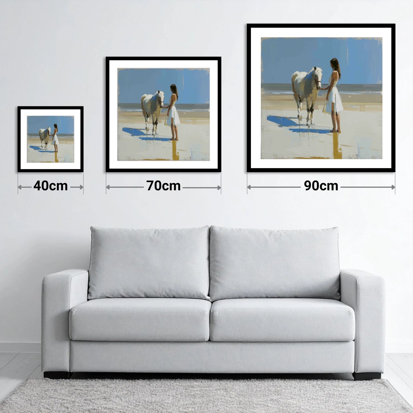 Serenity at Tide's Edge - size guide showing 40cm, 70cm and 90cm art prints