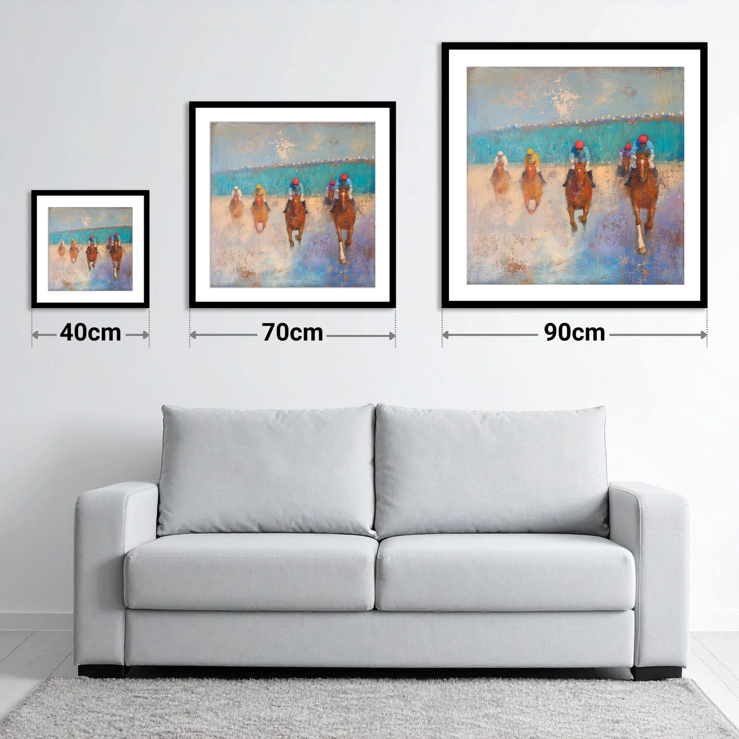 Towards the Wire - size guide showing 40cm, 70cm and 90cm art prints
