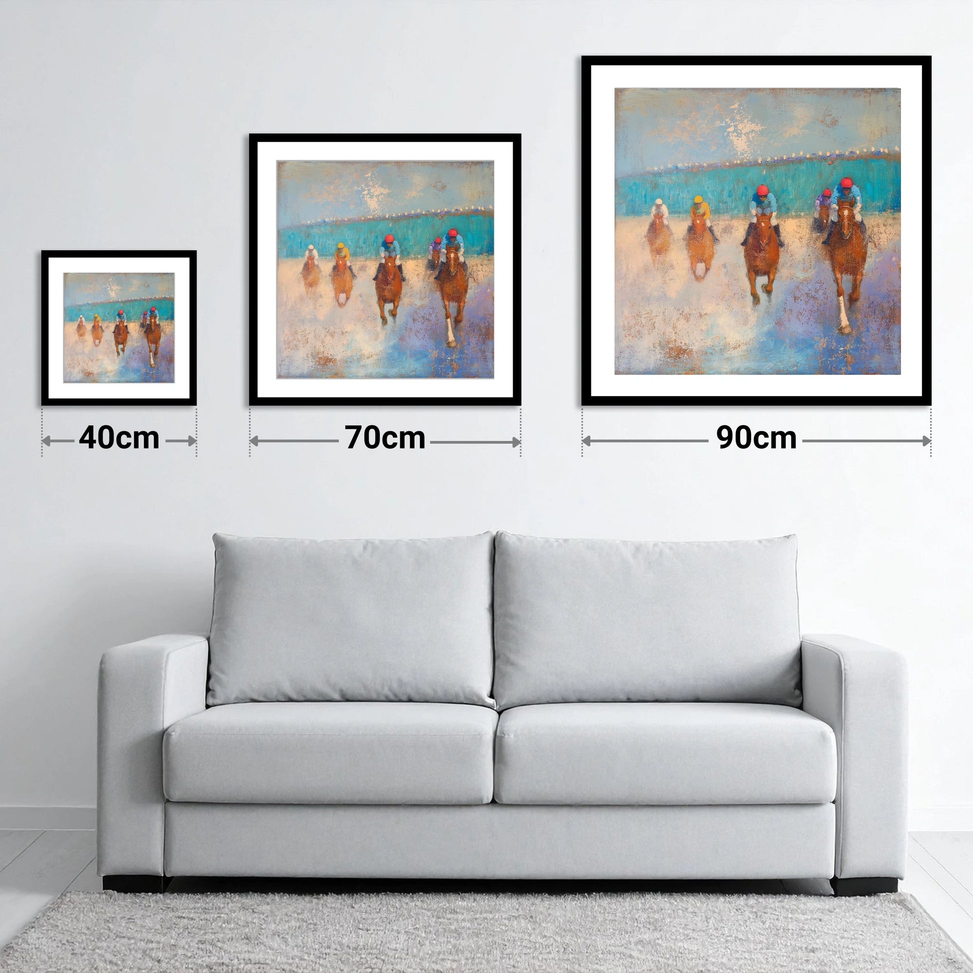 Towards the Wire - size guide showing 40cm, 70cm and 90cm art prints